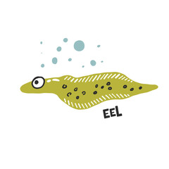 Eel. Hand drawn vector cartoon illustration for kids. Amusing Sea Animal