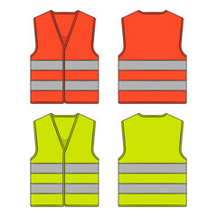 Set of color illustration with protective vest with reflective stripes. Isolated vector objects on a white background.