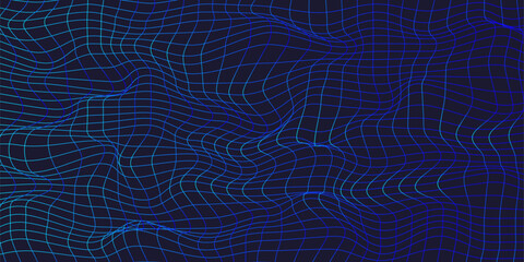 Abstract 3d neon mesh on black background.  Futuristic neon distorted grid