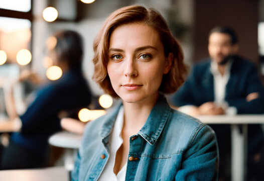 A young professional woman in business casual attire smiles for a head and shoulders portrait, her gaze confidently toward the camera. Generative AI