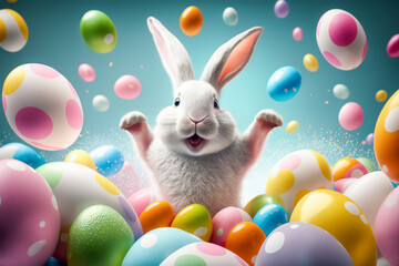 Happy Easter Bunny with many colorful easter eggs. Generative AI. - obrazy, fototapety, plakaty