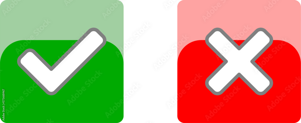 Poster yes and no or right and wrong or approved and declined icons with check mark and x signs with 3d shi
