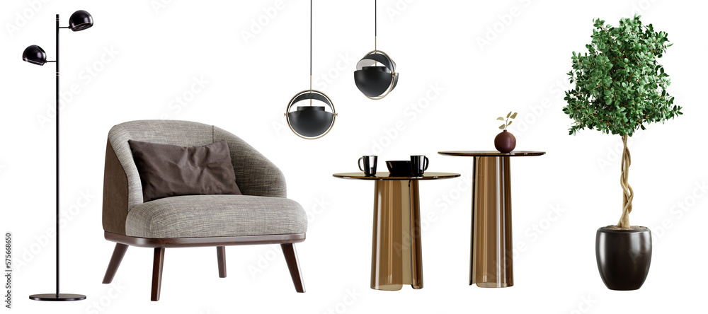 Poster Various elements for use in interior design, isolated on transparent background. 3D render. 3D illustration.