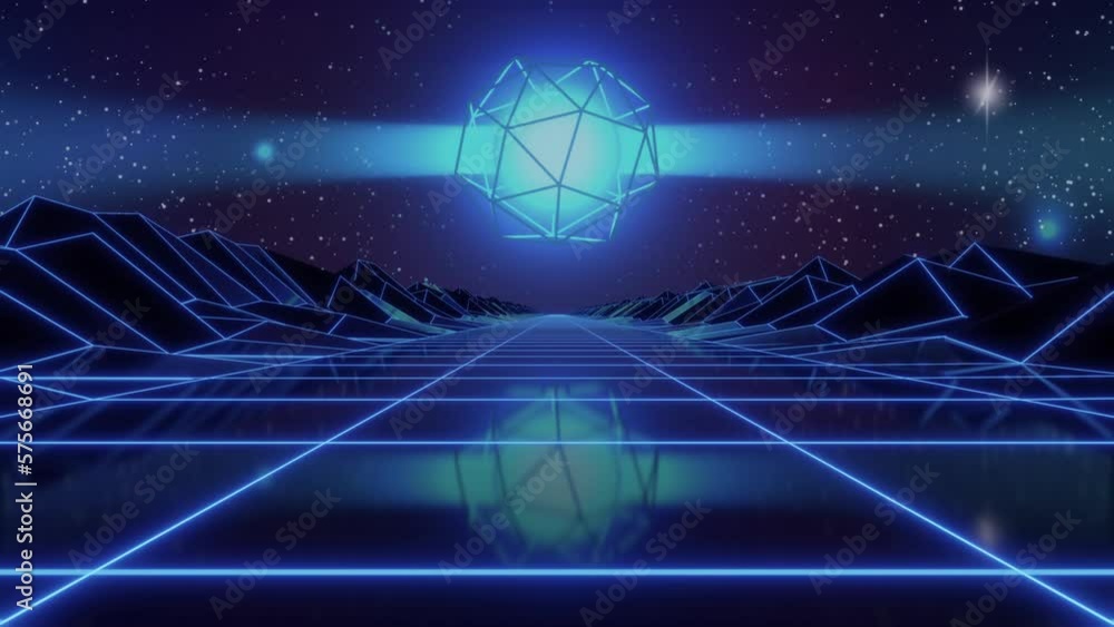 Poster synthwave animated background. 80s wireframe landscape. retro future perspective grid. retrowave sty