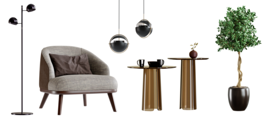 Various elements for use in interior design, isolated on transparent background. 3D render. 3D illustration.