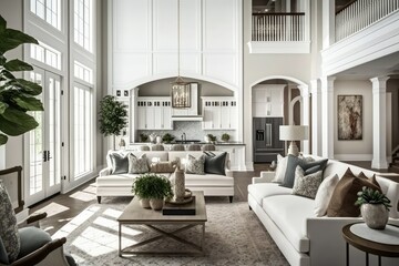 New traditional style luxury home with stunning living room and kitchen. Built with soaring ceilings and plush upholstery. Generative AI