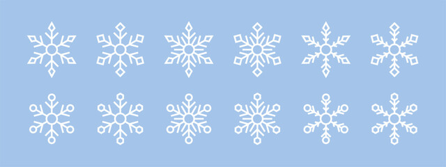 Snowflake icons. white snowflakes isolated on blue background. Linear snowflakes set. Snowflakes template. Snow icons. Frost icon. Snow crystal. Ice crystal. Vector graphic