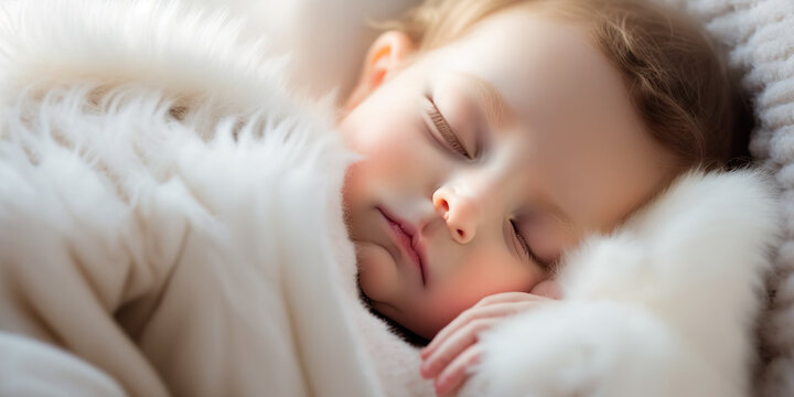 Adorable peaceful sleeping newborn baby. Close up portrait. Cozy indoor background with copy space. AI generative image.
