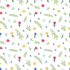 Vector seamless plant pattern with small twigs and flowers on a white background. Cute floral ornament for textiles, cover and packaging