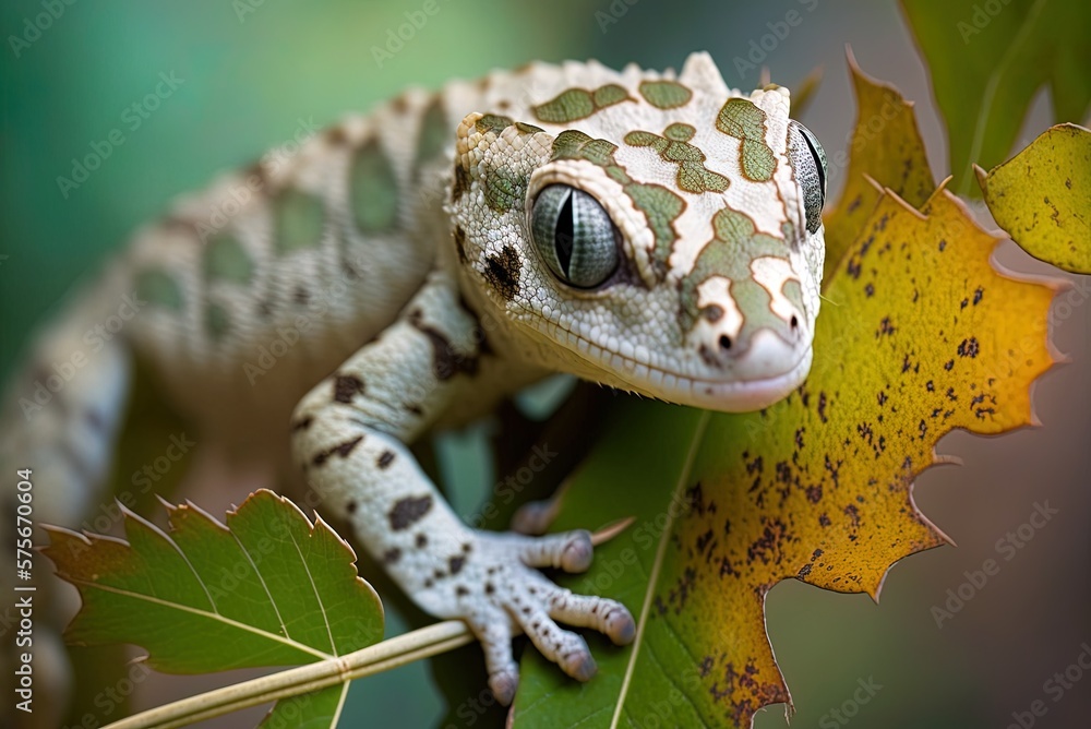 Poster snow gecko up up and personal on leaves. snow gecko on a stalk generative ai
