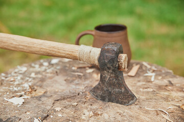 Ancient ax at the Viking Festival in Denmark