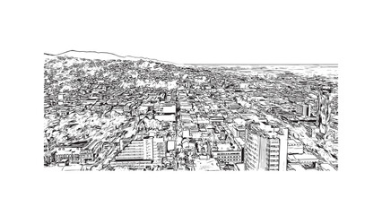 Building view with landmark of Port of Spain is the 
capital in Trinidad and Tobago. Hand drawn sketch illustration in vector.