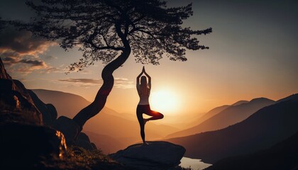Woman doing yoga on sunset, Generative AI