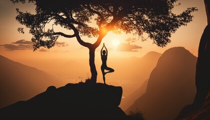 Woman doing yoga on sunset, Generative AI