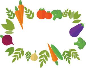 Frame of vegetables - tomato, eggplant, onion, broccoli, carrot, and green leaves in flat