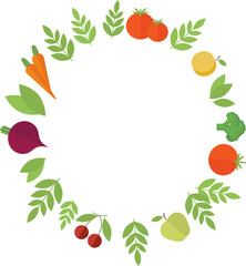 Rounded frame of fruits and vegetables - tomato, apple, cherry, carrot, and green leaves in flat