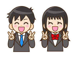 ブインサインをする高校生男女のイラスト素材