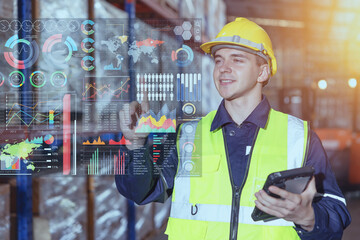 Warehouse worker using hologram visual smart information display for futuristic data business...