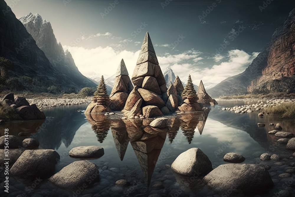 Poster stunning panoramic view of several stone pyramids perched on the river's surface generative ai