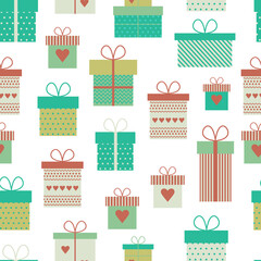 Seamless pattern with pink, white and green gift boxes with hearts in flat