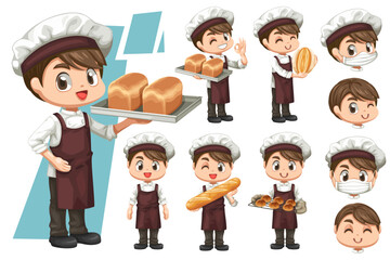 Bundle set of Baker man with breads in cartoon vector