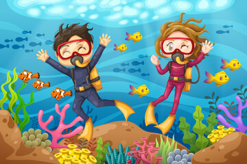 Fototapeta na wymiar Young man and woman scuba diver dives under the sea