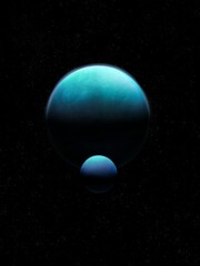 Fototapeta na wymiar Satellite of a distant exoplanet, sci-fi background. Earth-like planet next to its moon. Rocky planet in space against the background of stars.