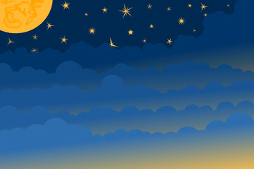 Half moon, stars and clouds on the dark night sky background. Paper art. Night scene background. Vector Illustration.