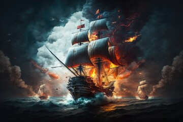 Obraz premium A naval engagement between galleons and other sailing vessels in the 16th century. Cannon fire erupting from pirate ships ablaze. Generative AI