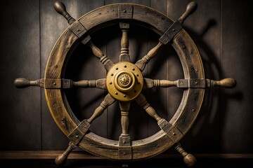 Brass and wooden wheel used to maneuver an old boat. Generative AI