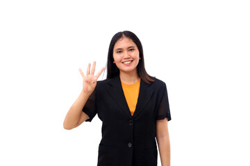 Young asian business woman smiling while showing four fingers. Isolated on white background