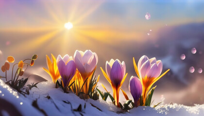 Obraz na płótnie Canvas Spring flowers on melting snow. Bright crocus blossoms. The end of winter. Based on Generative AI