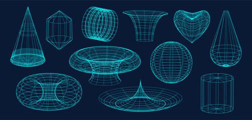 Set of  vector 3d geometric wireframes,  shapes, distortion and transformation of figure in neon mint color