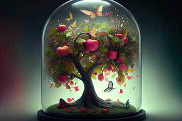 Apple tree under a glass hood with a mini fairytale world. Generative Ai