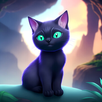 Cute Funny Art Cat Illustration Beautiful black cat with green eyes sitting on a rock in a forest Ai