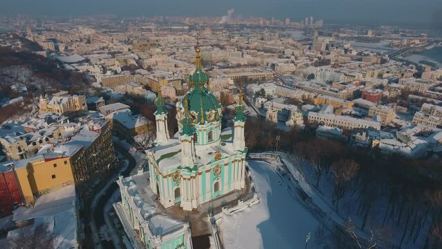 Europe, Kiev, Ukraine - February  aerial view of the Podil area, St. Andrew's Church, Kontraktova Square and Kiev. Old residential buildings overlooking the city.