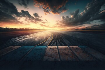 Sunset over a racetrack with a square of asphalt and a gorgeous cloudy sky. Generative AI