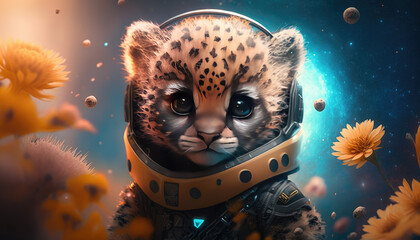 A cute baby cheetah astronaut in space with floral and space background. Generative AI technology.