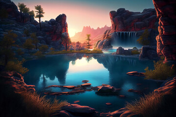 Fototapeta na wymiar Blue lake between majestic rocks. AI generated