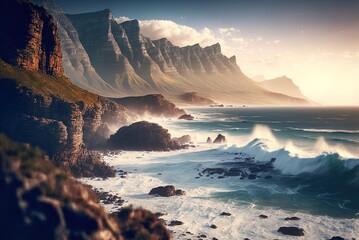 Fototapeta premium Cape Town, South Africa's craggy coastline and crashing waves make for a breathtaking landscape image. Generative AI