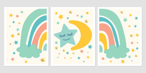 Scandinavian style cute posters with rainbow, cloud and sun. Childish drawing for nursery design. Fun doodle rainbow. Hand drawn illustration. Scandinavian nursery design.