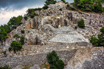 Part of an abandoned Penteli marble quarry in Attika, Greece. Penteli is a mountain, 18 km north of...