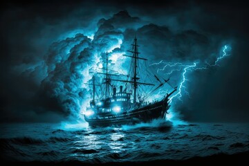 Amazing lightning in the background, a silhouette of an antique ship traveling through a storm. Generative AI