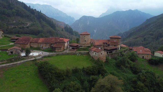 View of the medieval village of Bandujo in Asturias mountains. Spain.