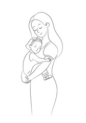 Mom hugs her little daughter and smiles. Young woman holds baby in her arms. Doodle, sketch, vector, template for design and cards
