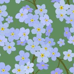 Blue flowers on a green background. Seamless vector pattern. Nice spring pattern.