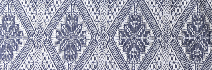 Indigo woodcut seamless ethnic geometric pattern closeup