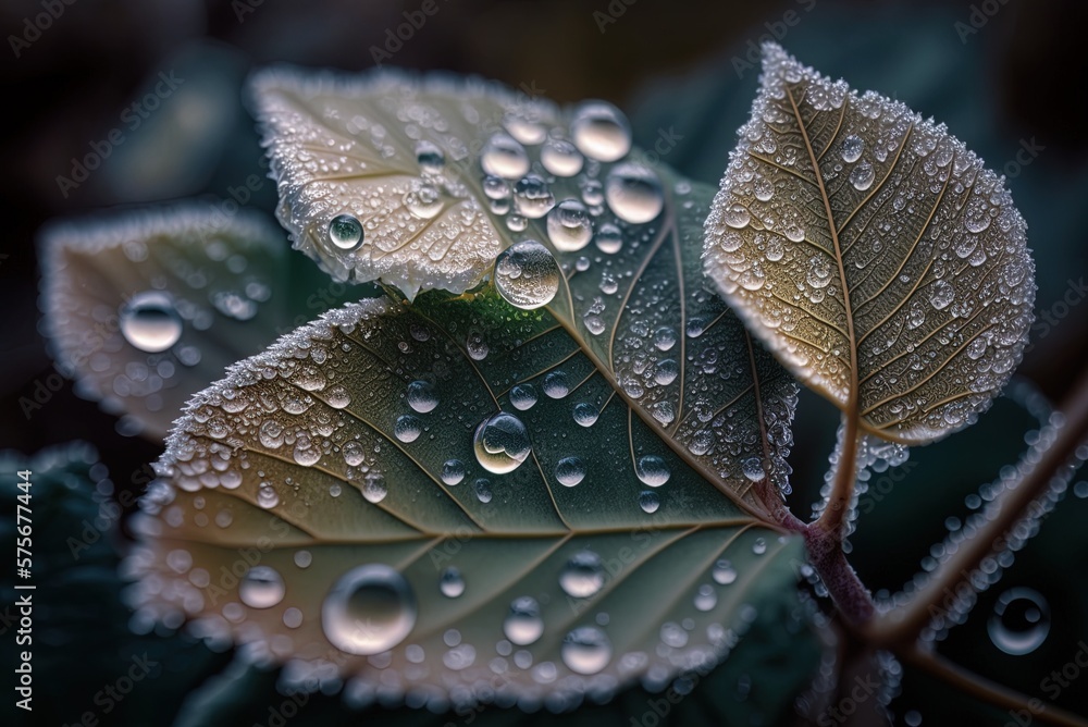 Poster close-up of dew drips frozen on a leaf generative ai