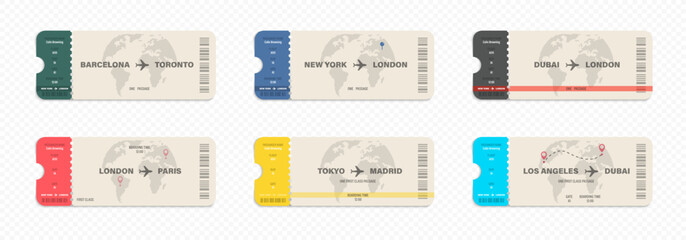 Airline ticket templates. Plane tickets illustration. Flight boarding pass collection. Airway ticket set. Airline coupons. Vector graphic - obrazy, fototapety, plakaty