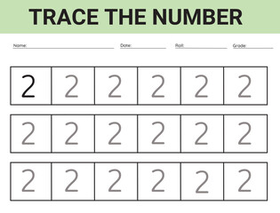 Number 2. card for kids learning to count and to write, worksheet for kids to practice writing skills, Vector illustration